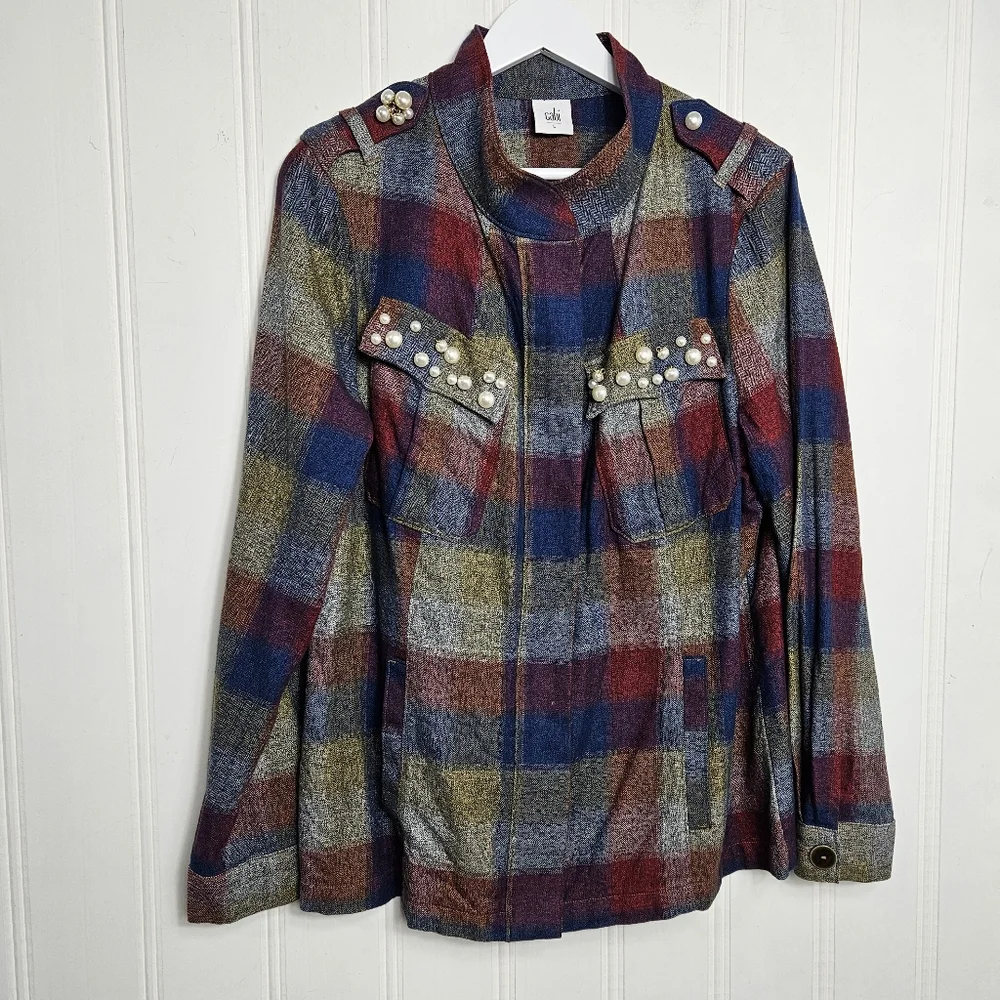 CAbi Barn Jacket Size L Autumn Plaid Pearl Zip Utility Cotton Shacket Multi